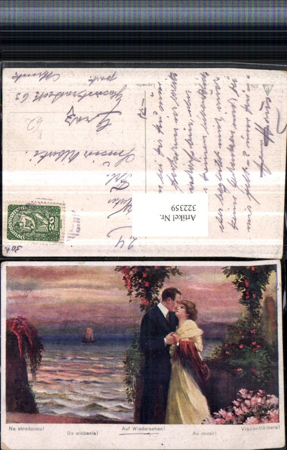 322359,Künstler AK Auf Wiedersehen Liebe Paar Hand in Hand Meer