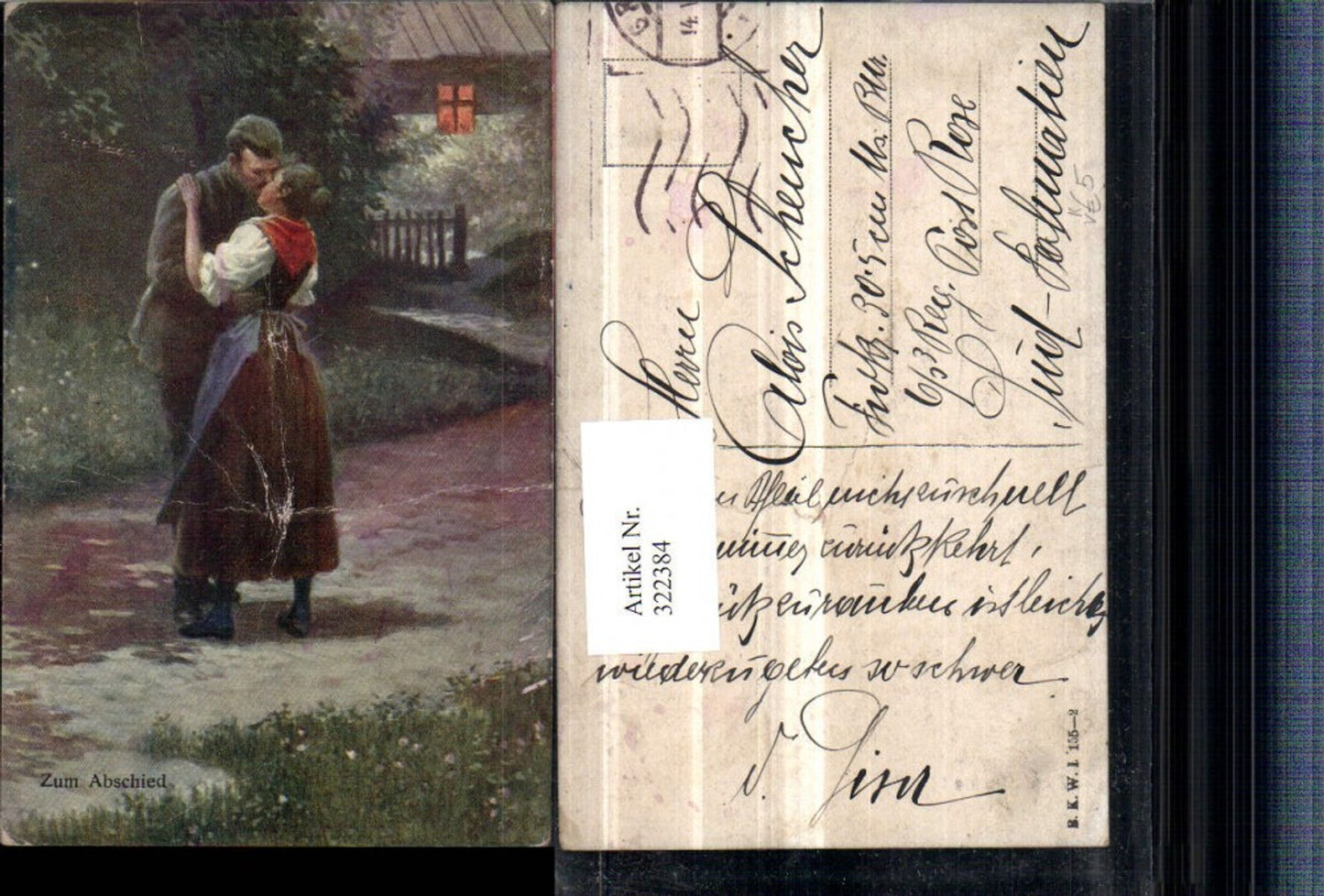 322384,Künstler AK Zum Abschied Liebe Paar Kuss pub B.K.W.I. 155/2