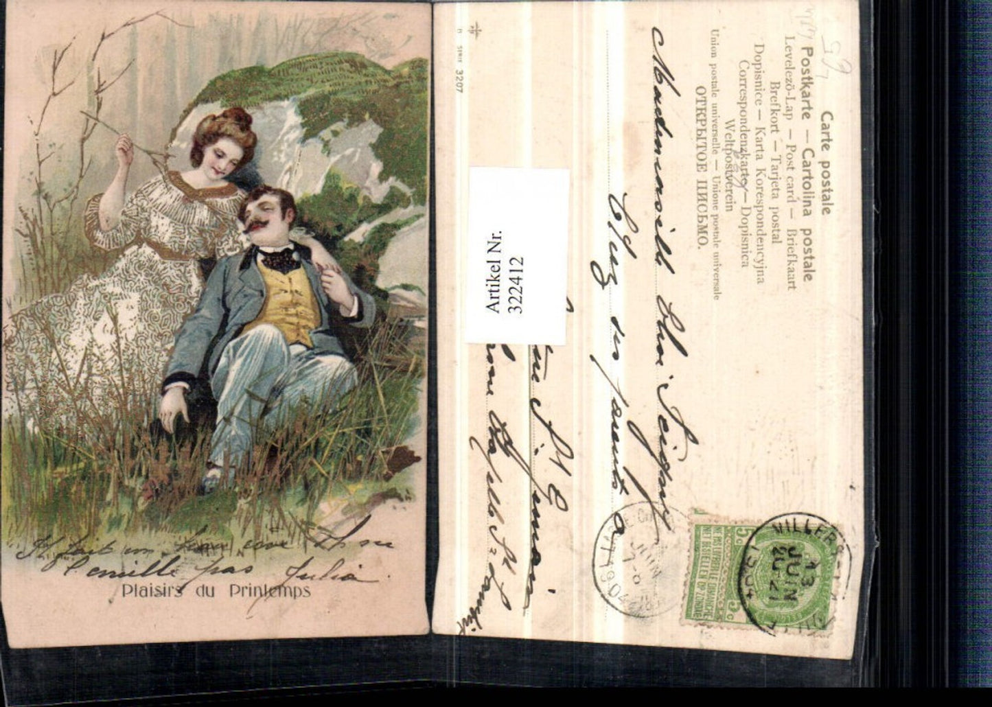 322412,Präge Litho Goldverzierung Liebe Paar Wiese Steinbrocken