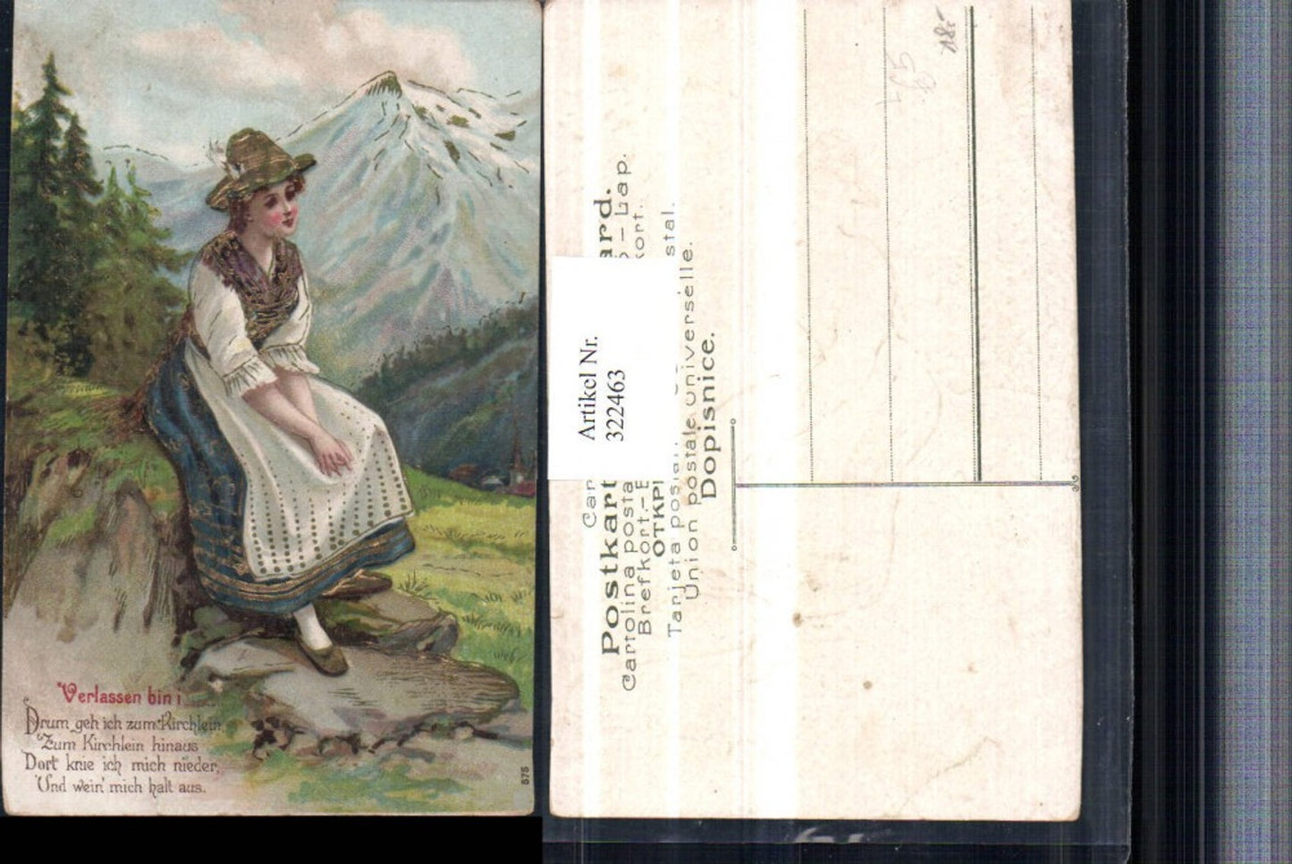 322463,Präge Litho Goldverzierung Verlassen bin i Frau in Tracht Hut Bergkulisse Spruch
