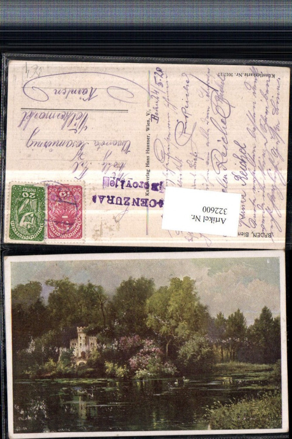 322600,Künstler AK Baden b. Wien Bienenburg Teich pub Hans Hausner 7017/17