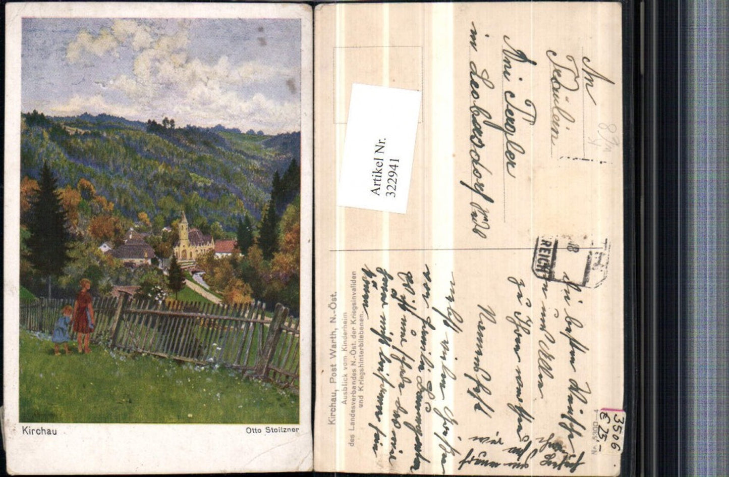 322941,Künstler AK Otto Stoitzner Kirchau b. Warth Blick v. Kinderheim Kirche