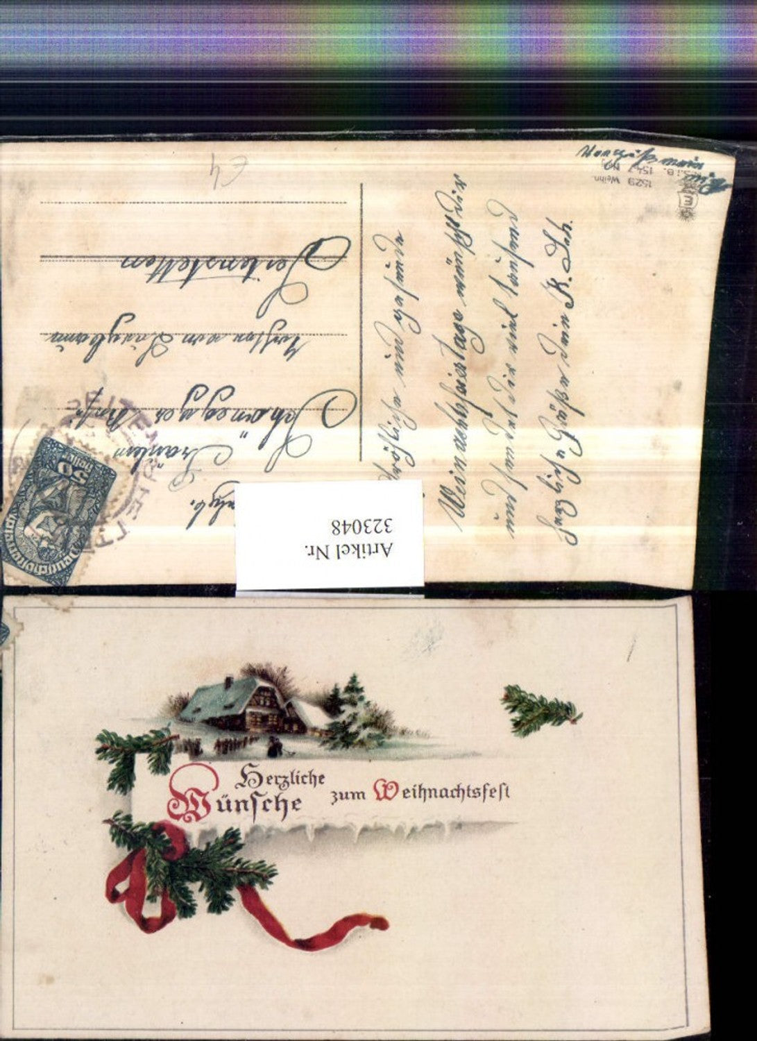 323048, Artist AK Christmas Winter Landscape House Branches Bow