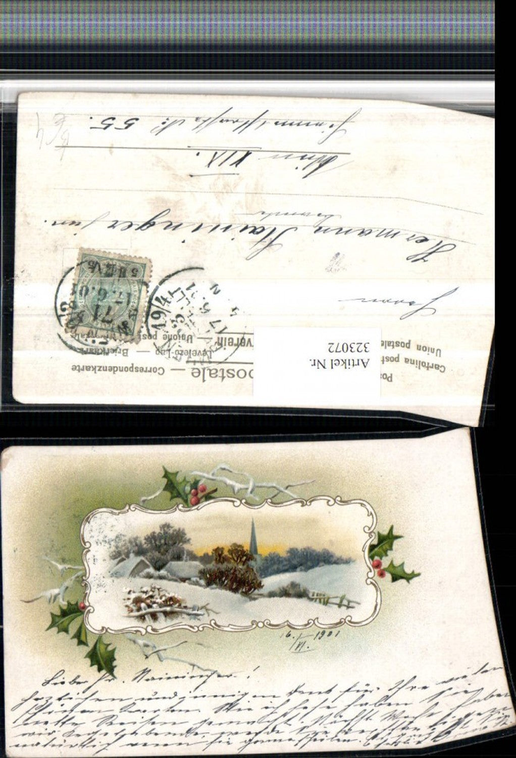 323072, Artist Lithograph Christmas Winter Landscape Passepartout Holly