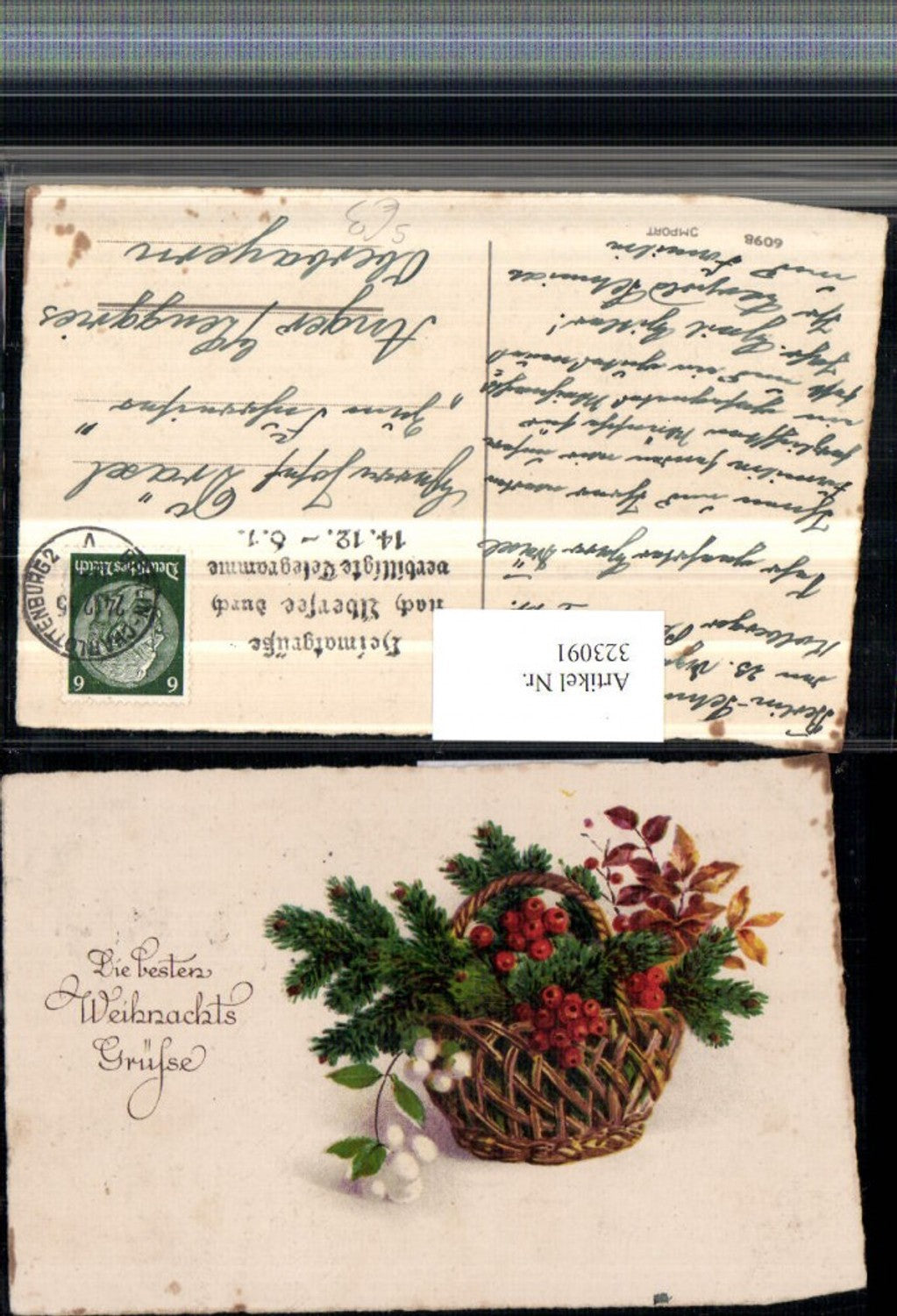 323091, Artist AK Christmas Basket Twigs Berries Leaves Greetings from Home Overseas Stamp