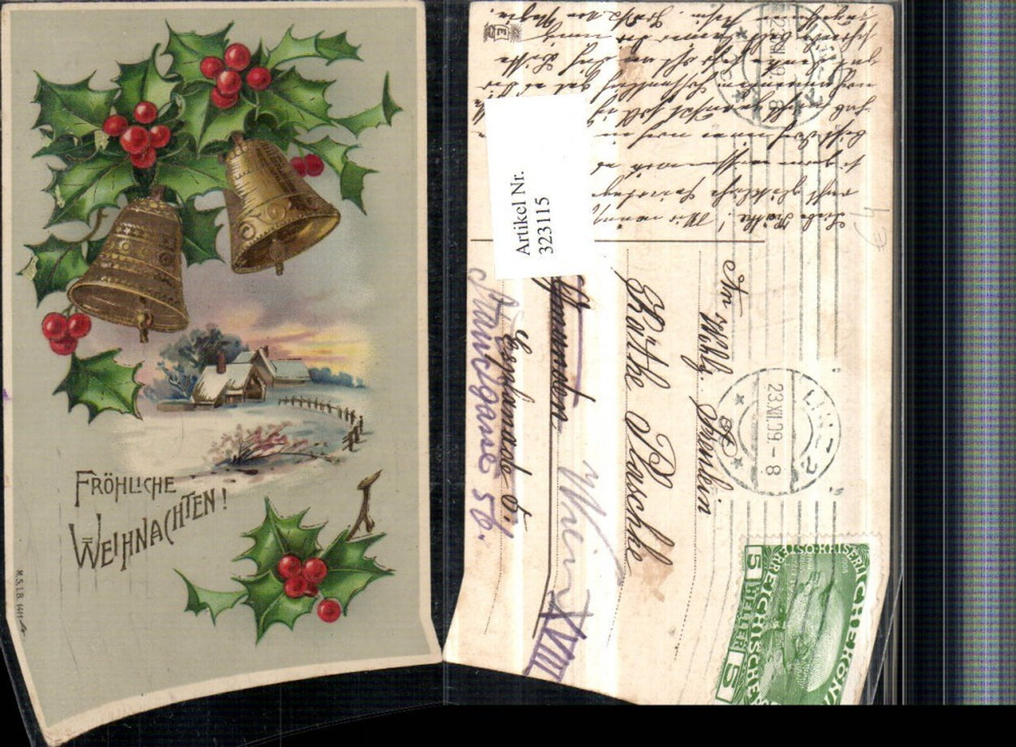 323115, embossed artist postcard Christmas winter landscape holly bells