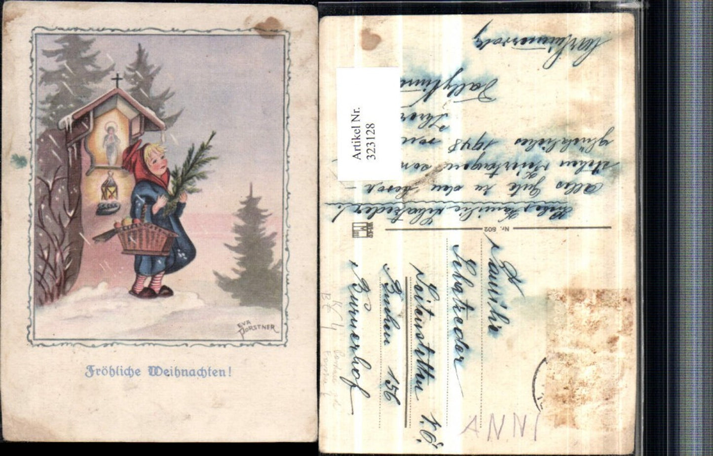 323128, Artist AK Eva Porstner Christmas Girl Basket Wayside Shrine Winter Scene