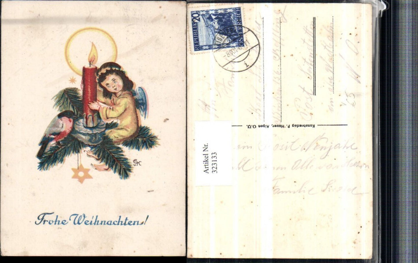 323133, Artist AK Christmas Angel Candle Fir Branch Bird Star pub P. Hauser Aigen