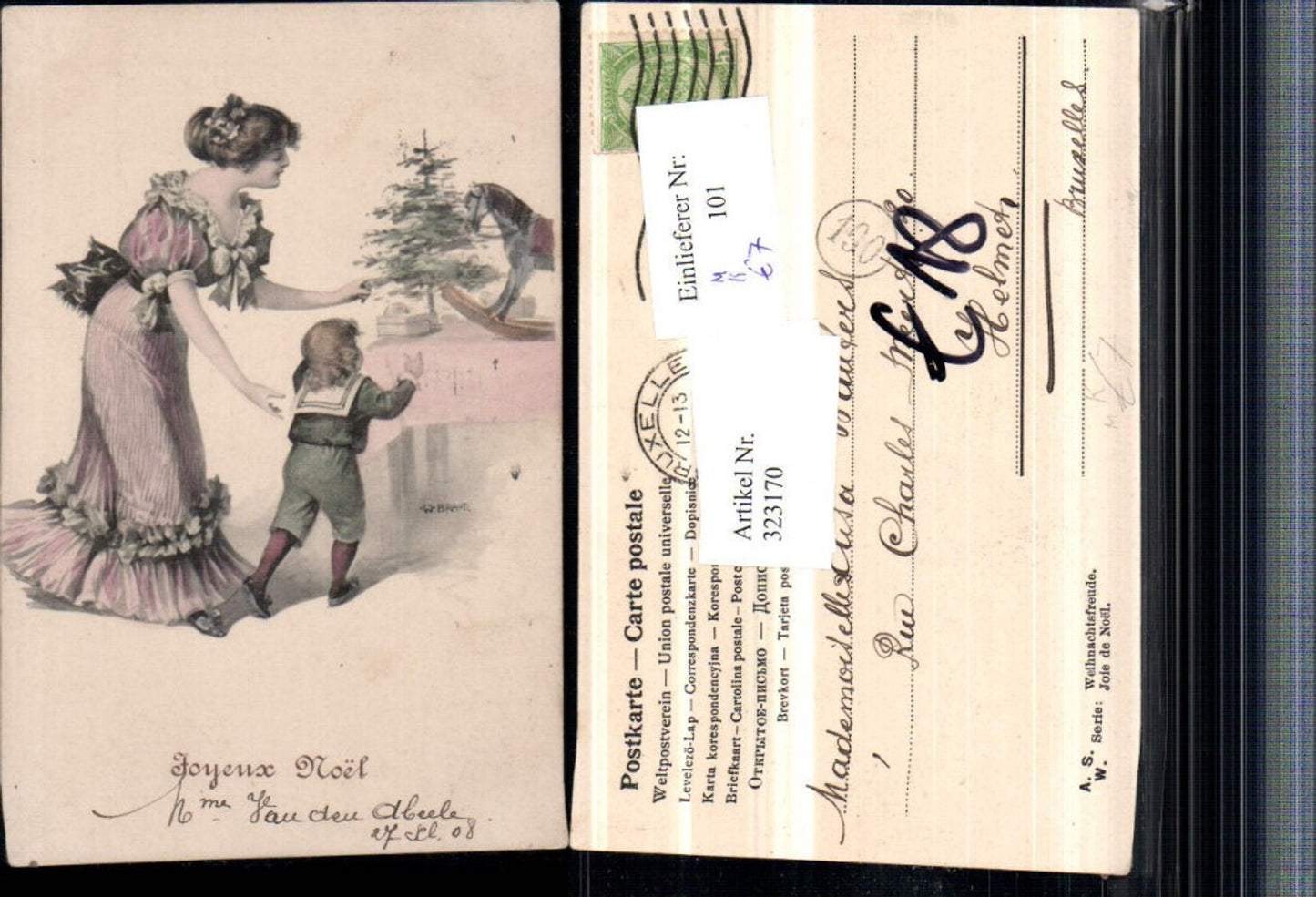 323170, Artist AK W. Braun Christmas Woman Mother Child Dress Christmas Tree Horse Swing