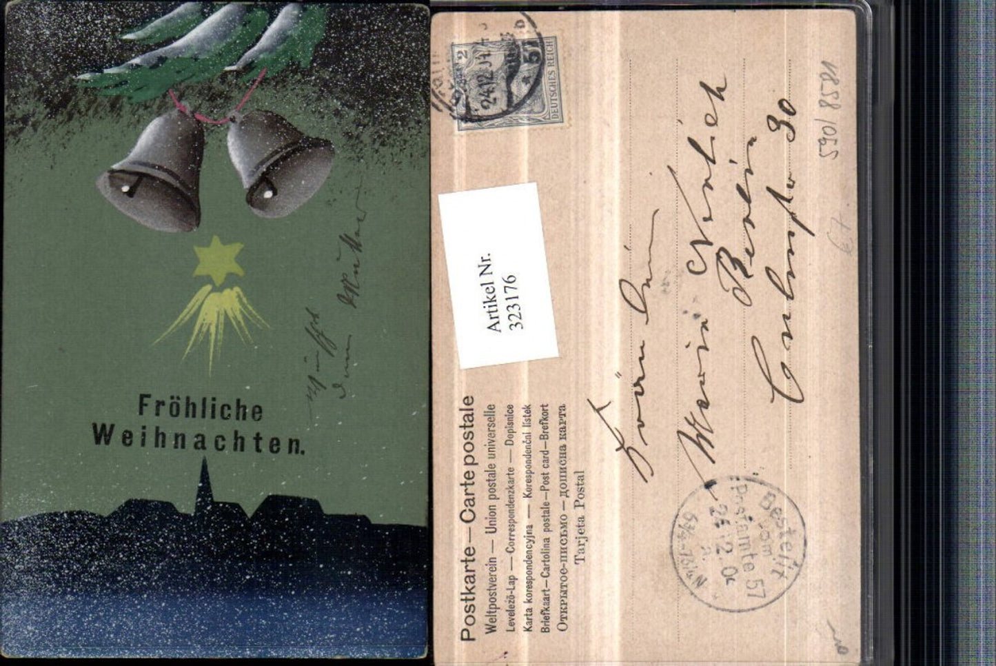 323176, Artist AK Christmas Silhouette Village Bells Star