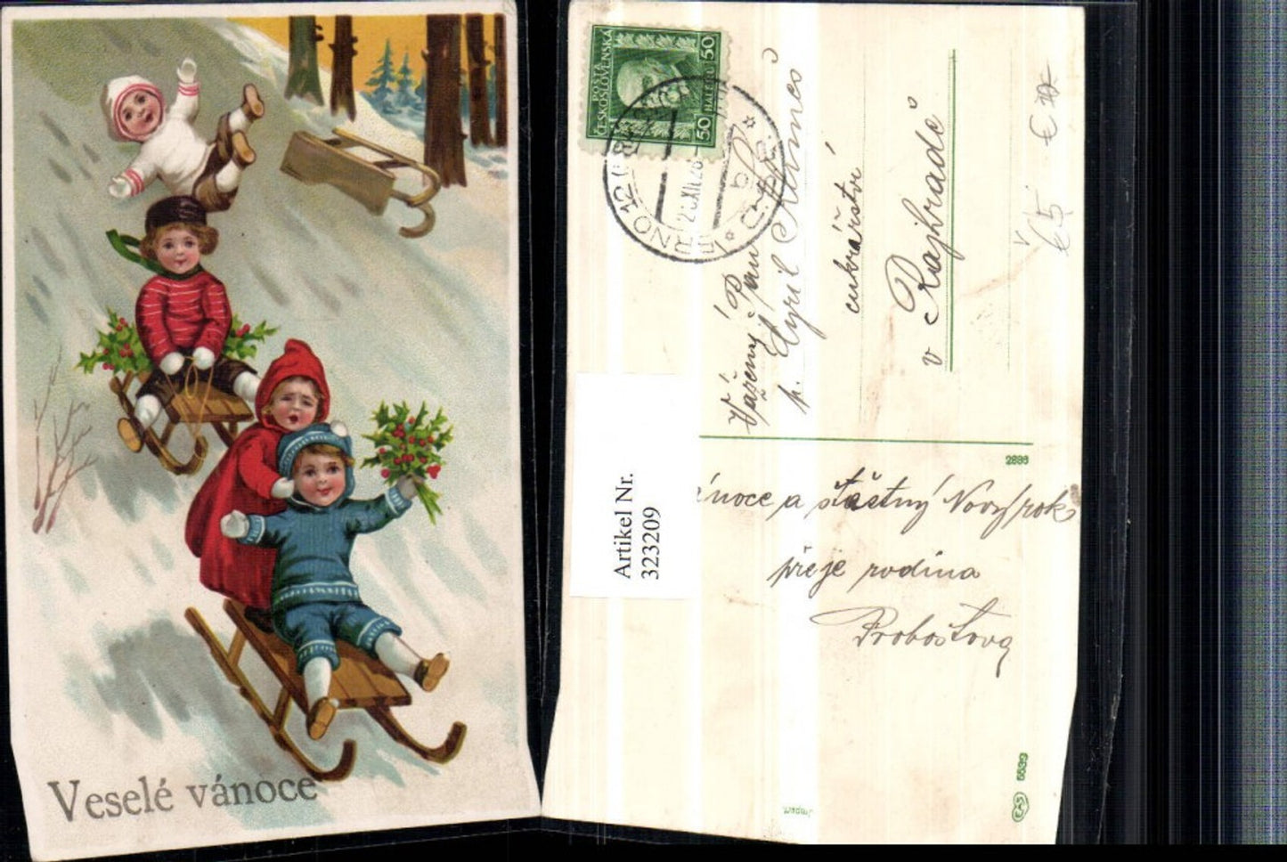 323209, Artist AK Christmas Children b. Sledding Tobogganing Holly Fall pub EAS 5539