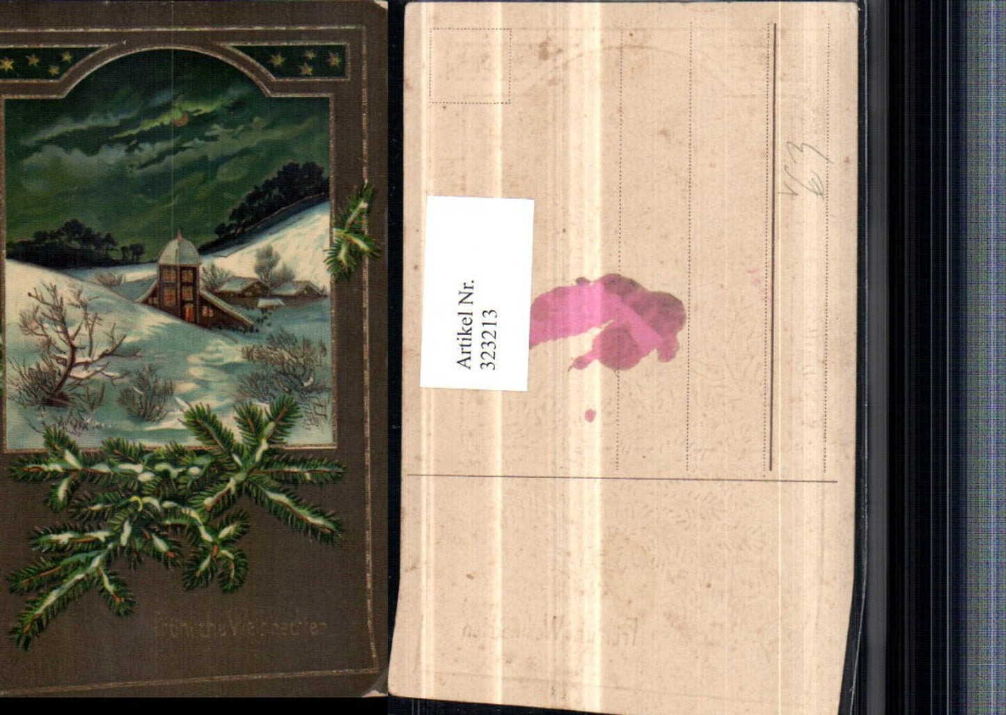 323213, embossed artist postcard Christmas winter landscape passe-partout fir branches