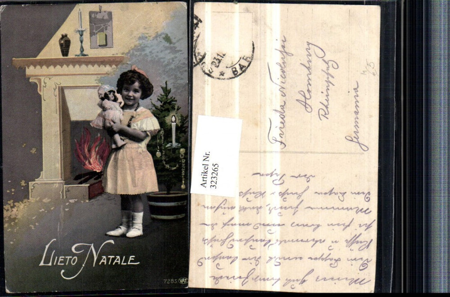 323265, Artist AK Christmas Girl with Doll Christmas Tree Fireplace
