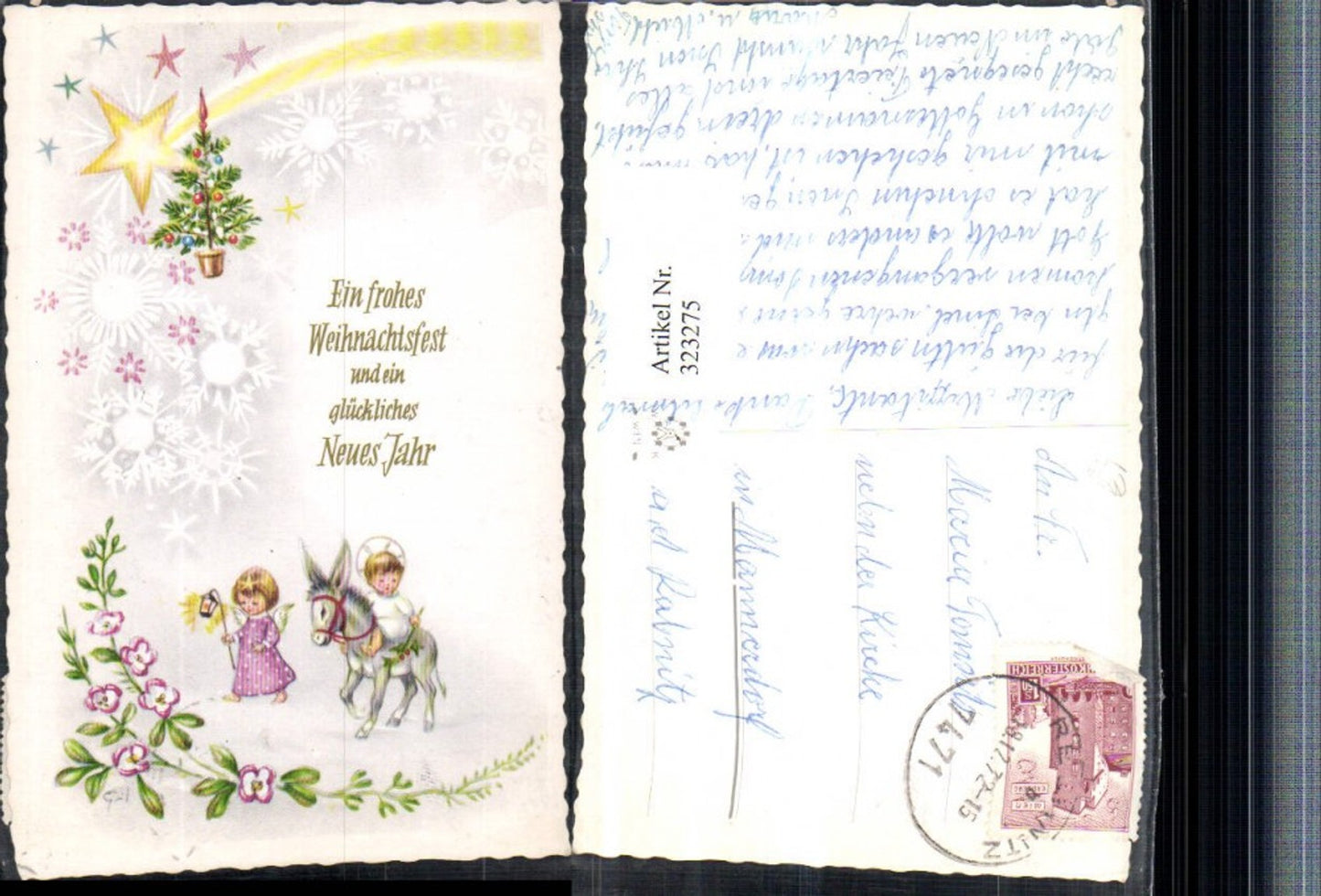 323275, Artist AK Christmas Christ Child Jesus Child Donkey Lantern Stars Shooting Star Flowers
