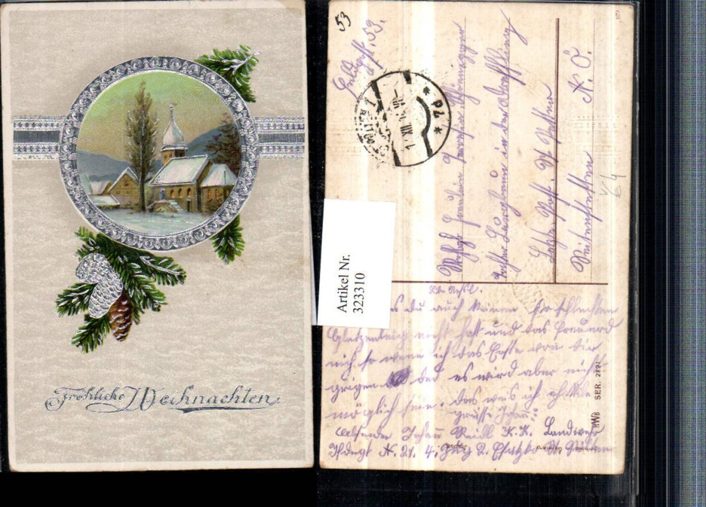 323310, embossed artist postcard, silver decoration, Christmas, winter village, passe-partout, pine cones, pub HWB 2821