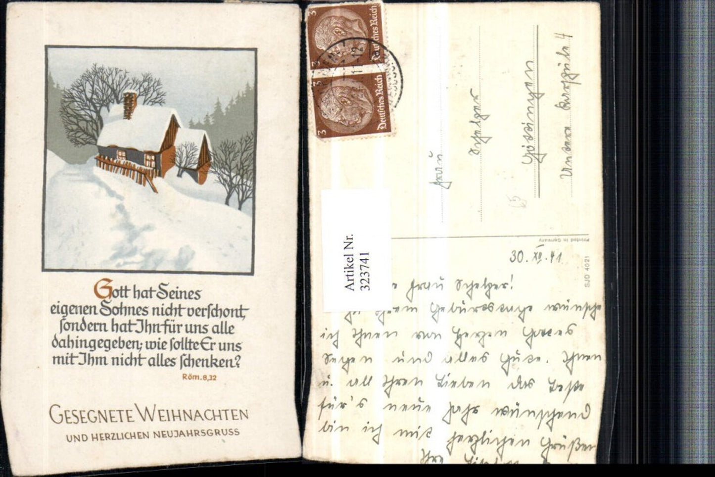 323741, Saying Quote Bible Romans 8-32 Christmas Winter Landscape House
