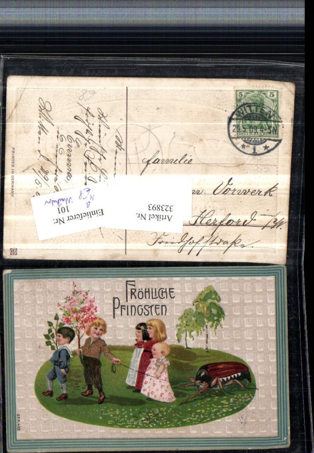 323893,Präge Künstler AK Pfingsten Kinder Maikäfer Käfer an d. Leine Blumen