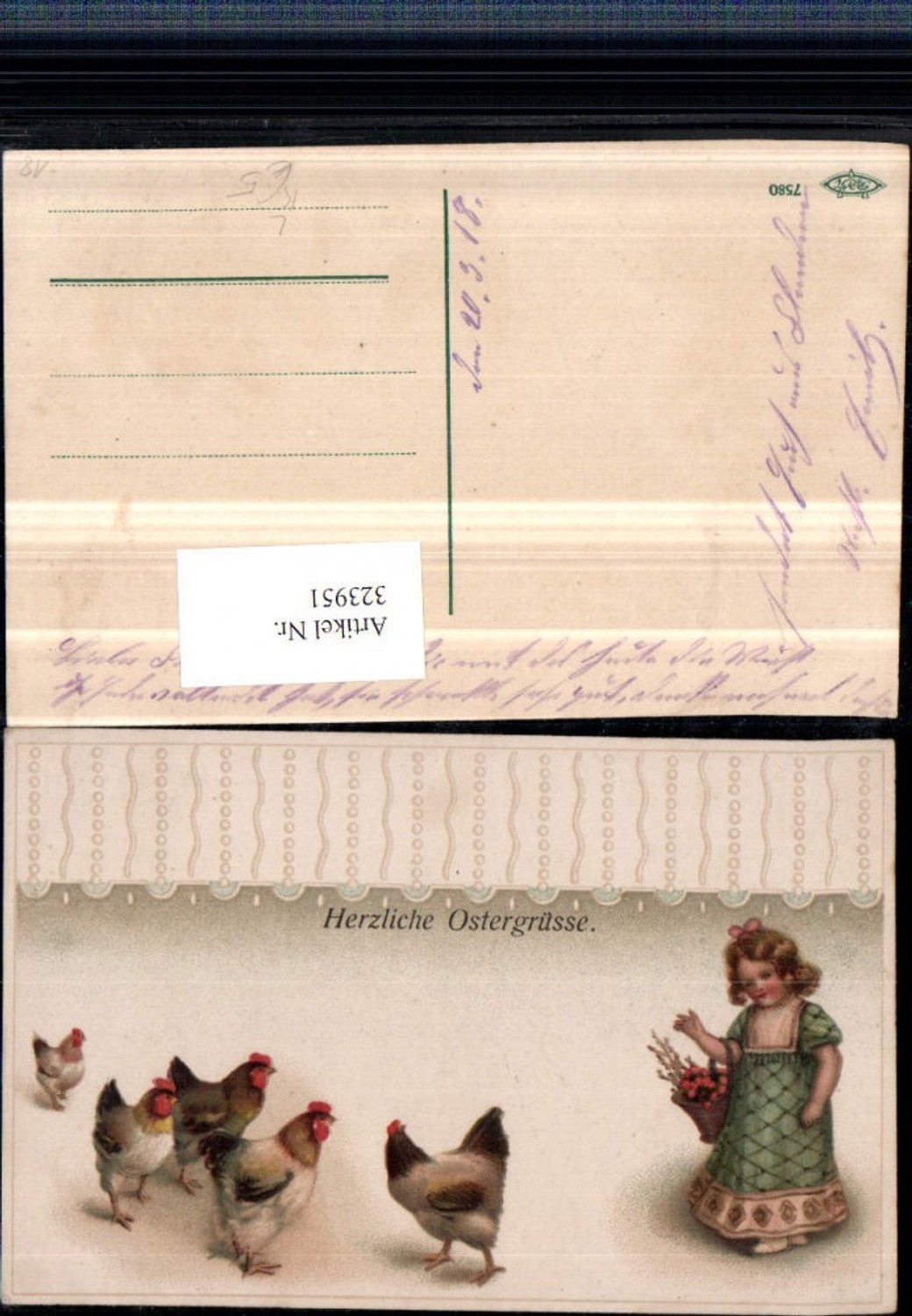 323951, Artist Lithograph Easter Girl Basket Flowers Chickens