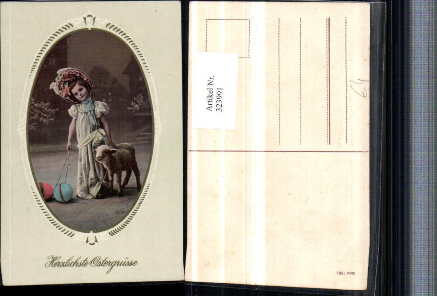 323991,Ostern Mädchen m. Hut Haube Lamm Schaf Ostereier Eier