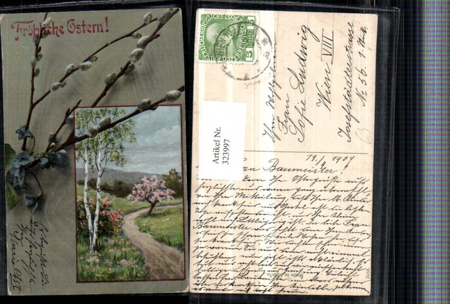 323997,Künstler AK Ostern Landschaft Passepartout Palmkätzchen Zweige