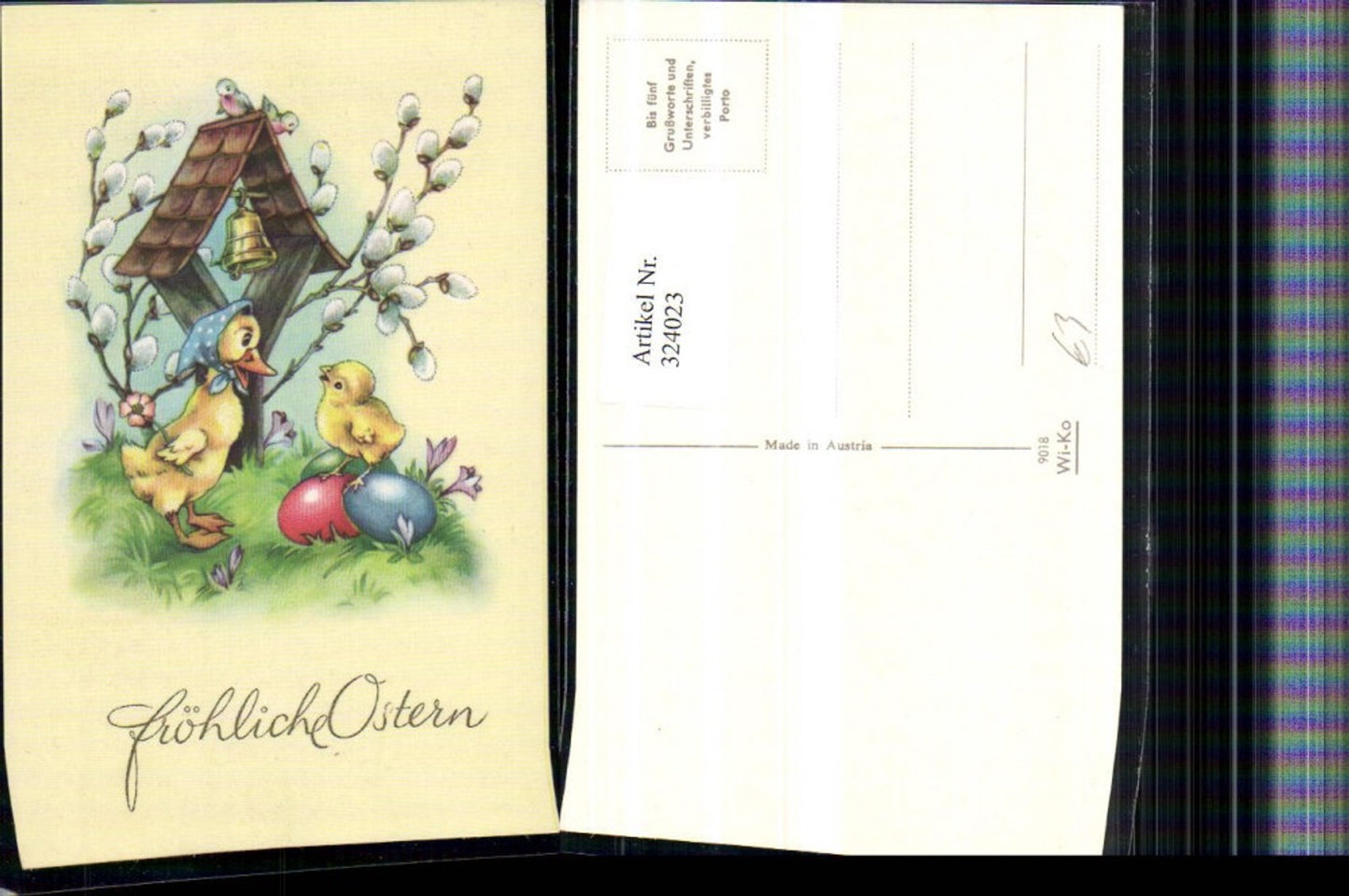 324023, Artist AK Easter Ducklings Chicks Easter Eggs Bell Pussy Willows Crocuses