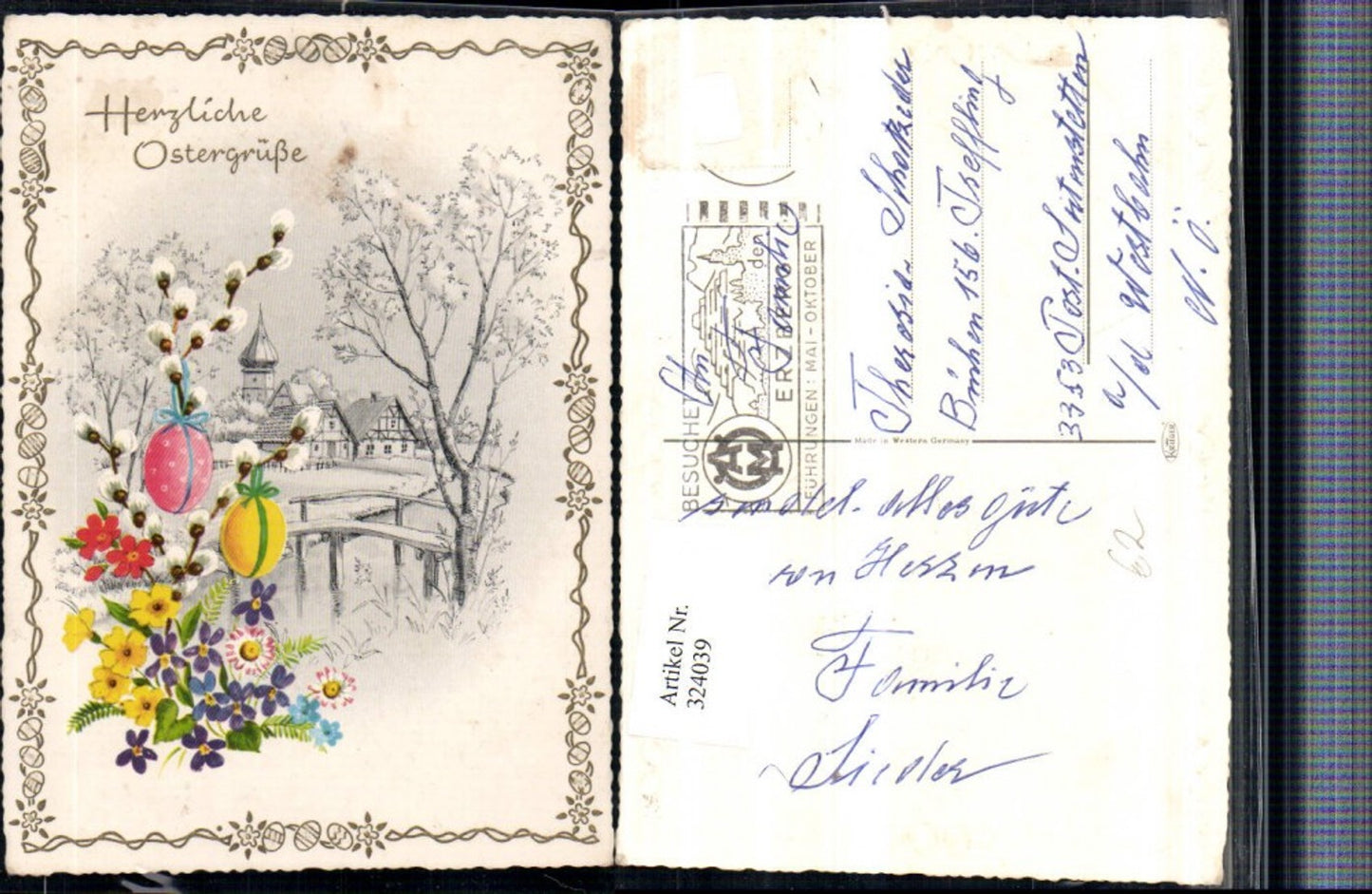 324039,Künstler AK Ostern Landschaft Palmkätzchen Blumen Ostereier Präge Rahmen