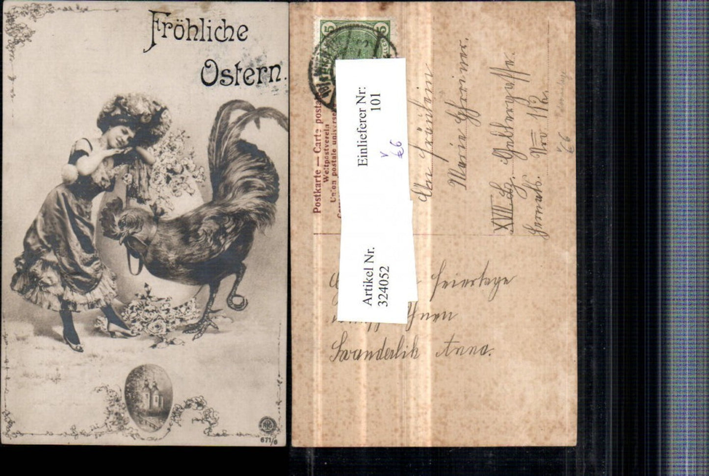 324052,Ostern Fotomontage Frau m. Kleid großes Huhn Osterei Rosen pub NPG 671/6