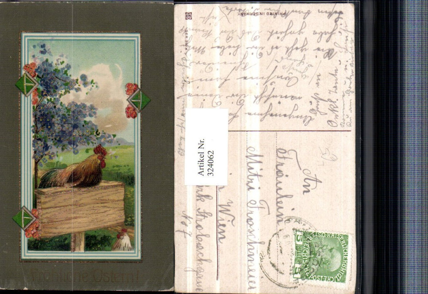 324062,Künstler Litho Goldverzierung Ostern Hahn Blumenbaum Passepartout
