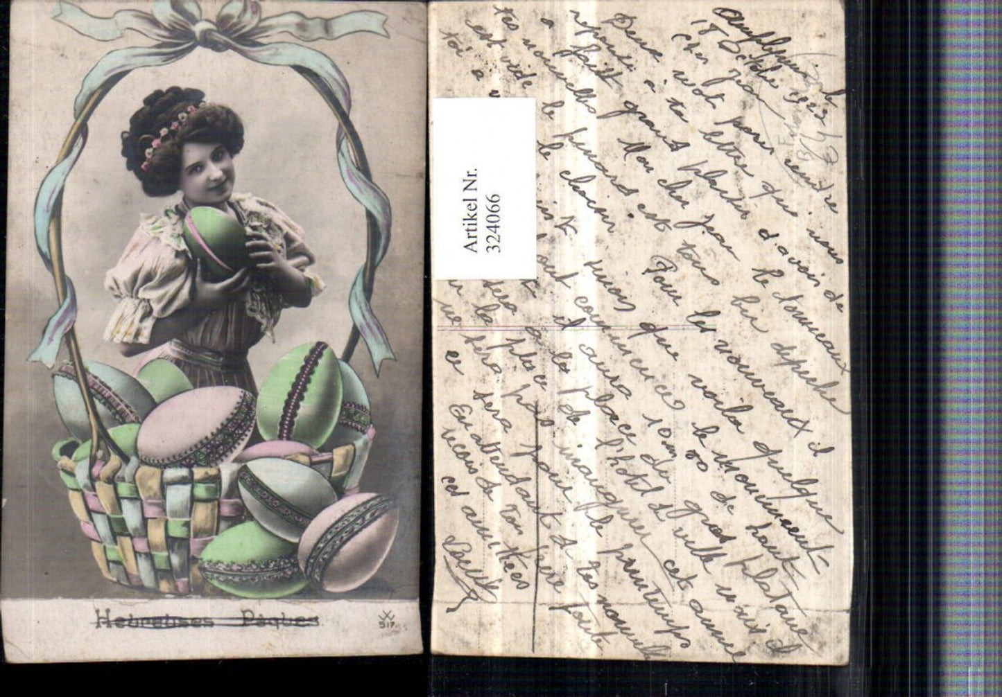324066,Ostern Frau m. Blumenkranz Ei Fotomontage Ostereier Korb