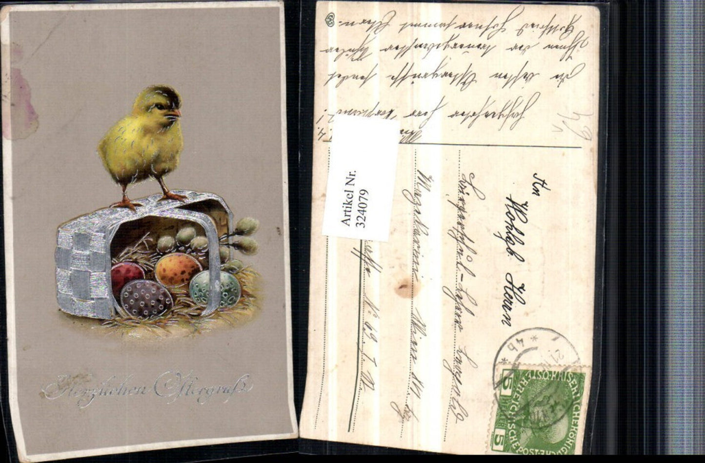 324079,Präge Künstler AK Silberverzierung Ostern Küken Korb Ostereier Palmkätzchen