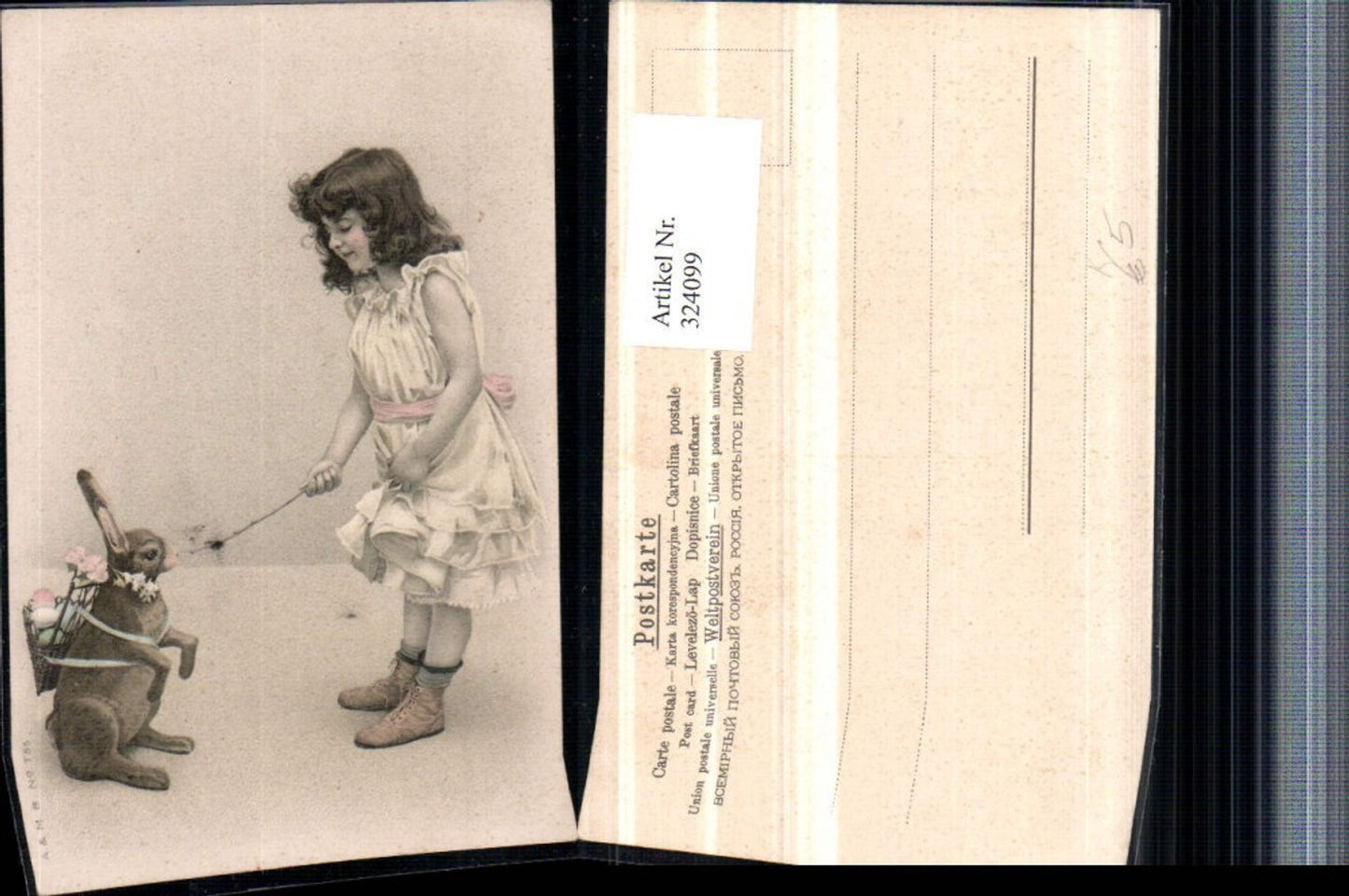 324099, Artist AK Easter Girl with Dress Easter Bunny Rabbit Basket Eggs