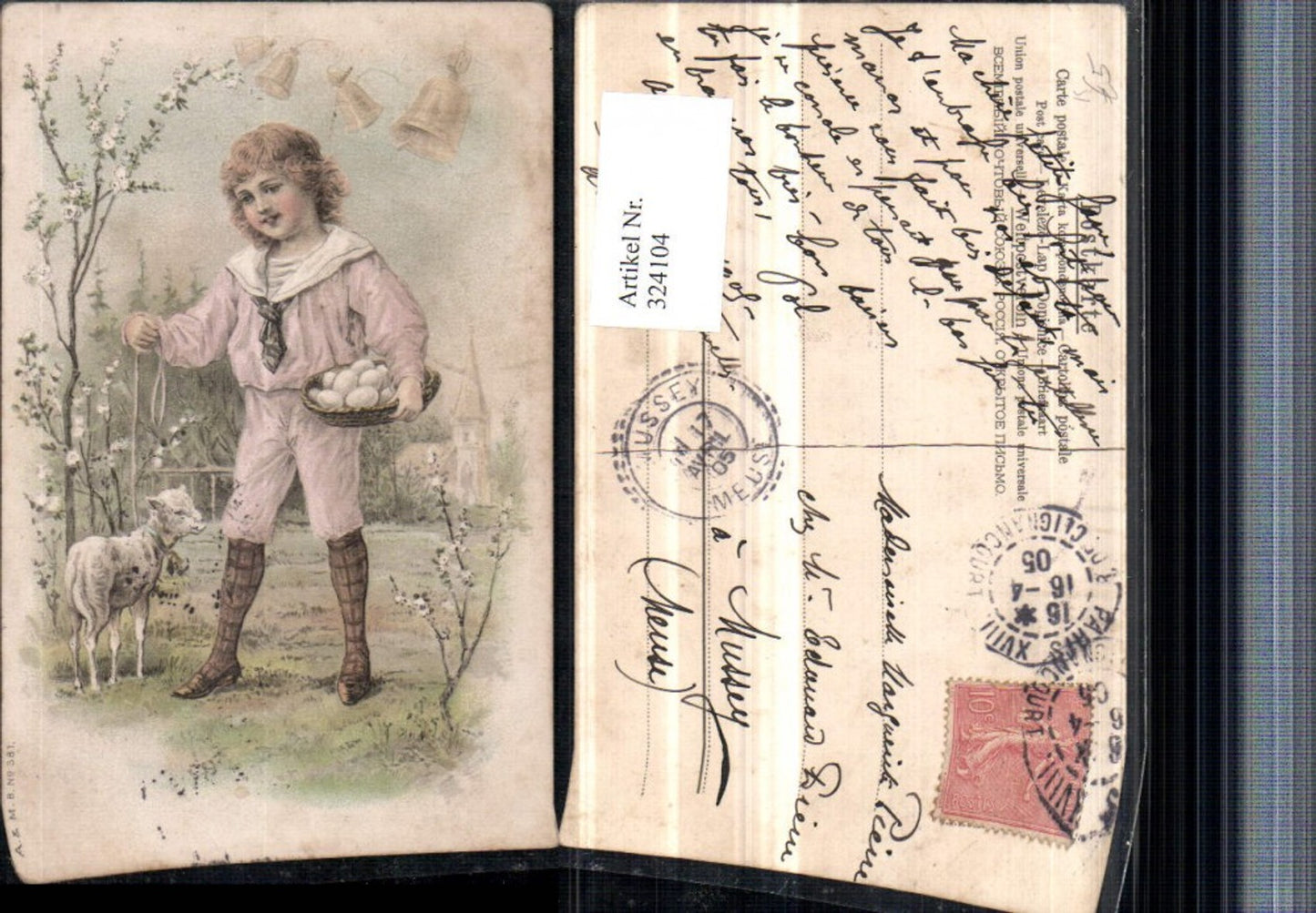 324104, Artist AK Easter Child Boy Lamb Sheep Basket Easter Eggs Bells Church