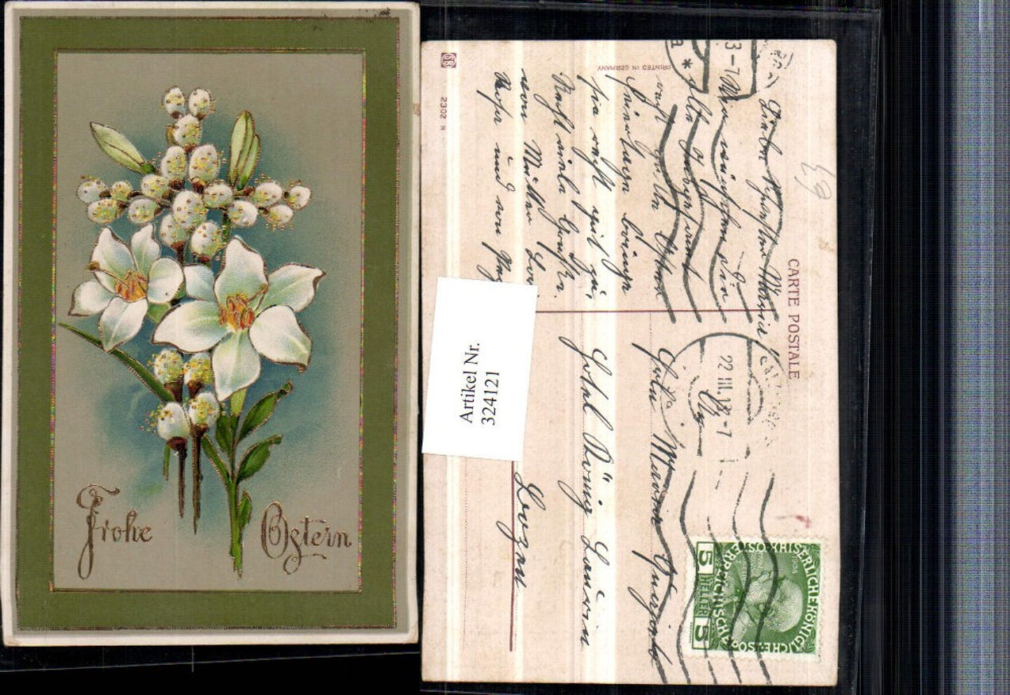 324121, embossed artist postcard with gold decoration, Easter flowers, lilies, pussy willows