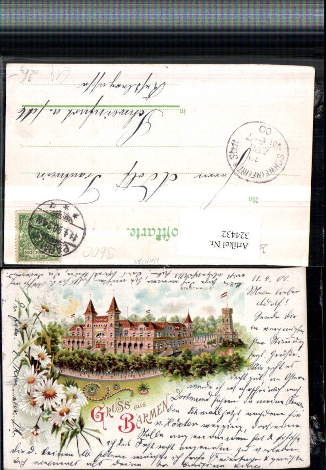 324432,Litho Gruß aus Barmen Stadthalle Gebäude Turm Blumen Margeriten