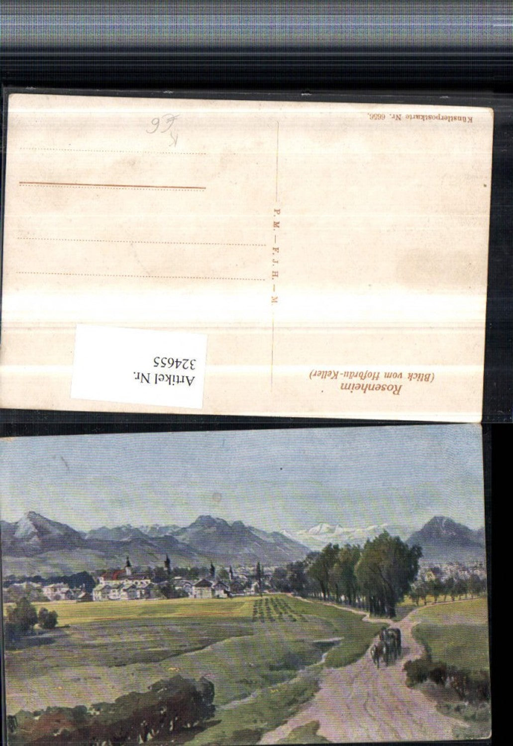 324655,Künstler AK Rosenheim Blick vom Hofbräu-Keller Bergkulisse