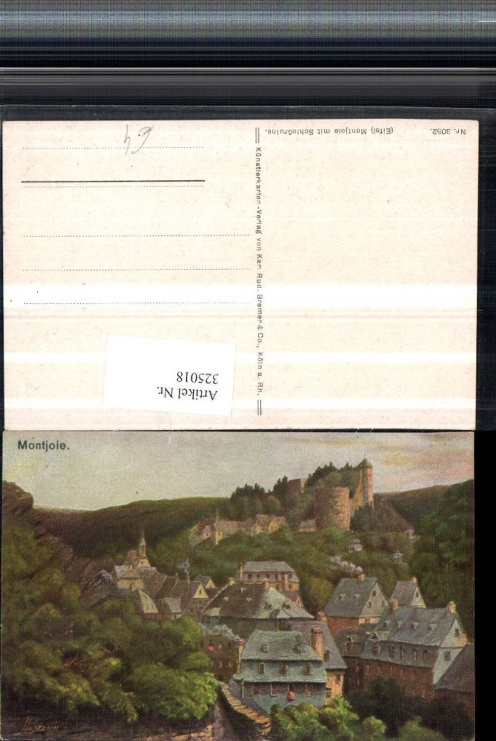 325018,Künstler AK L. Braun Monschau in d. Eifel Teilansicht m. Schlossruine
