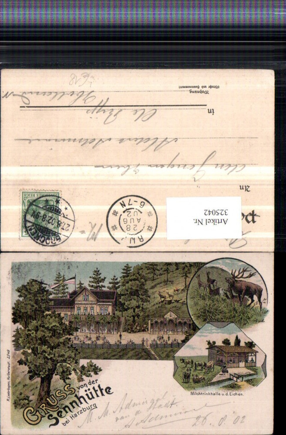325042,Litho Gruß von d. Sennhütte b. Harzburg Milchtrinkhalle Hirsch Reh Mehrbildkarte