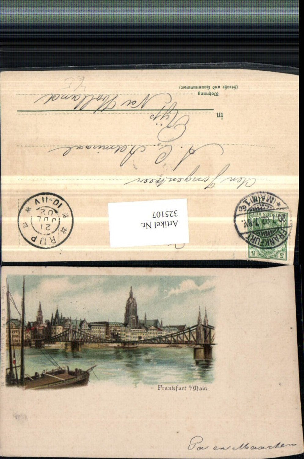 325107,Litho Frankfurt a. Main Teilansicht Dom Brücke Segelschiff