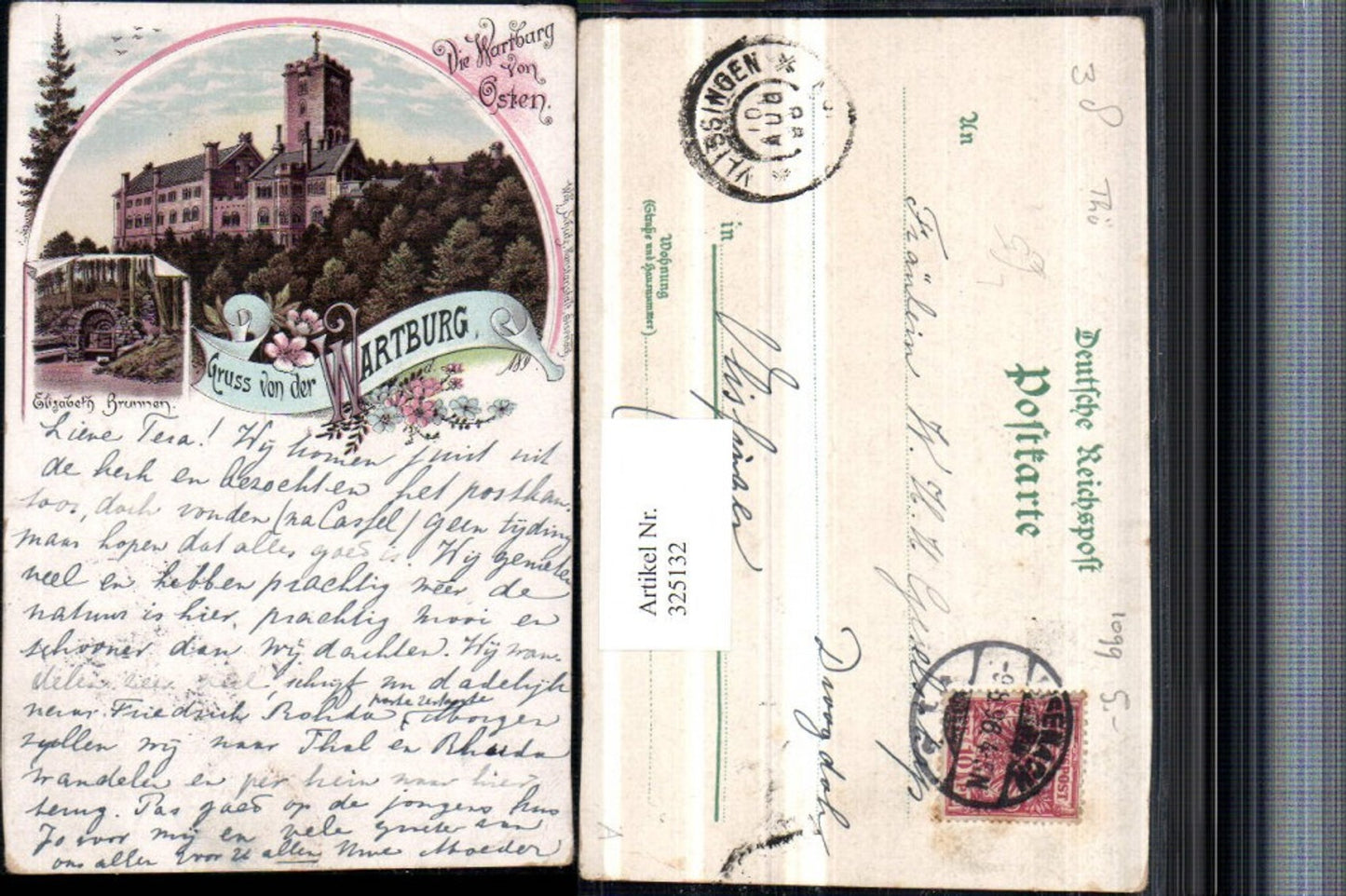 325132, Lithograph Greetings from the Wartburg near Eisenach Elisabeth Fountain Multi-image postcard