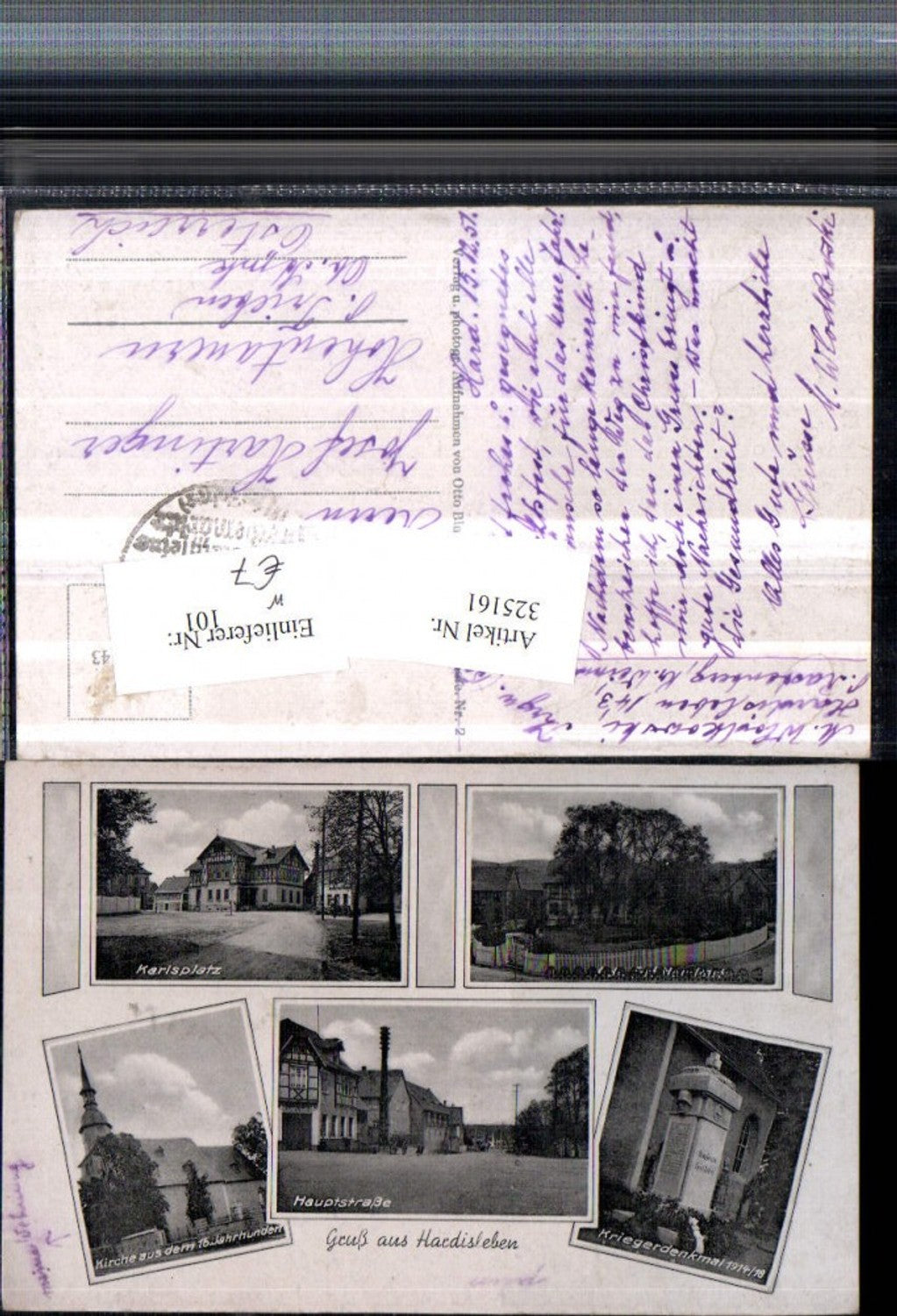 325161, Greetings from Hardisleben, Main Street, Church, War Memorial, Karlsplatz, Multi-view postcard