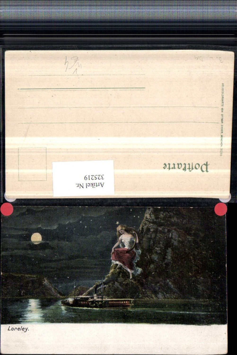 325219,Loreley Felsen b. St. Goarshausen Sage Frau Harfe Dampfer Mondschein pub Ottmar Zieher 3095
