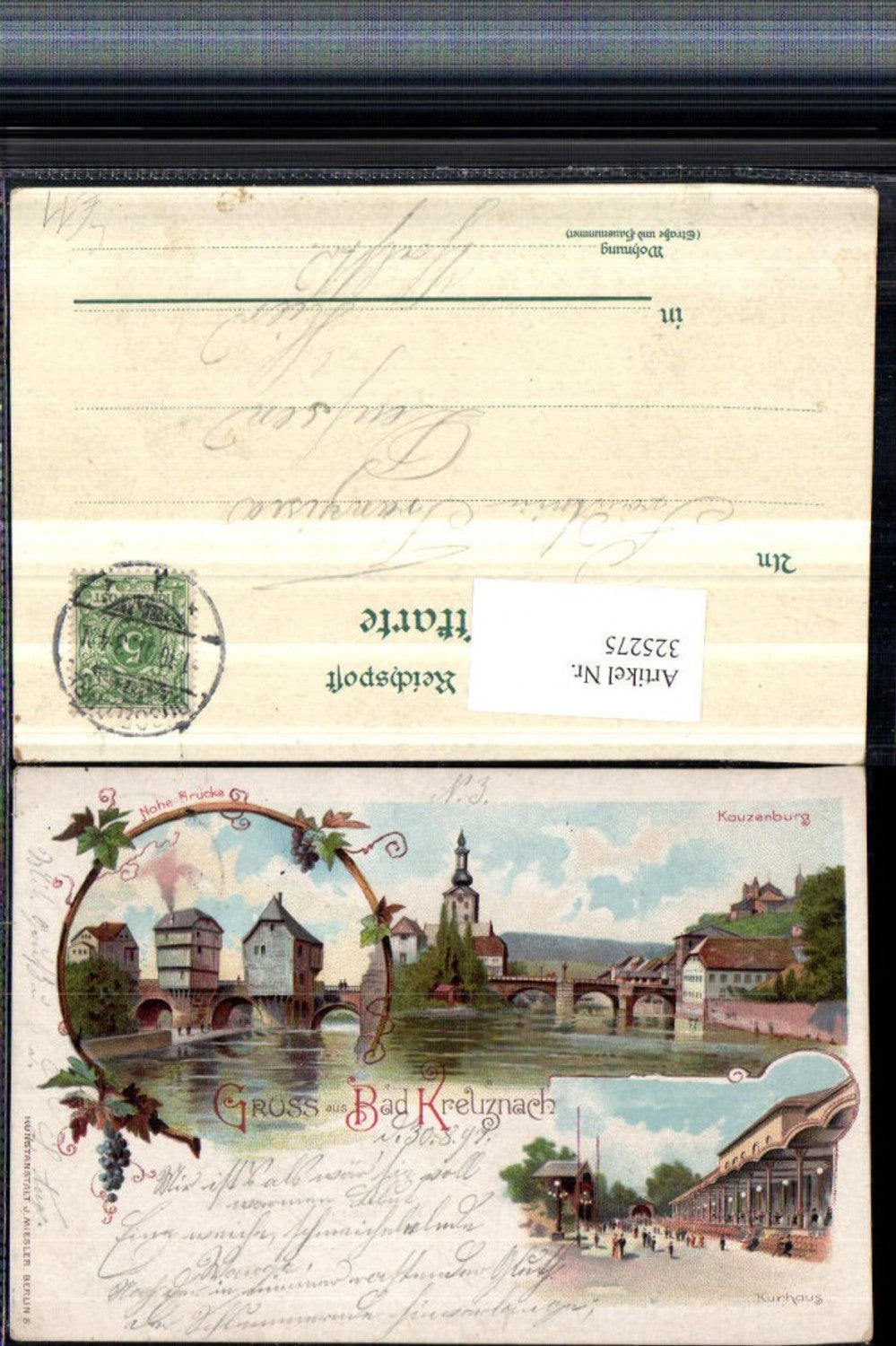 325275,Litho Gruß aus Bad Kreuznach Kurhaus Brückenhäuser Kauzenburg Mehrbildkarte