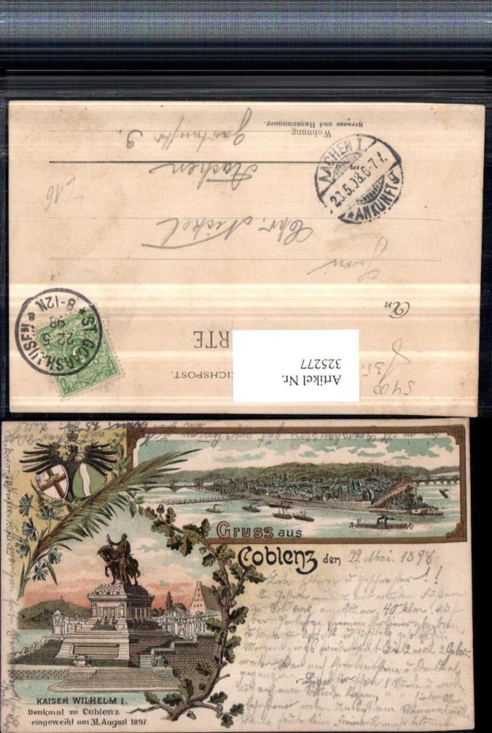 325277,Litho Gruß aus Koblenz am Rhein Totale Denkmal Kaiser Wilhelm Mehrbildkarte