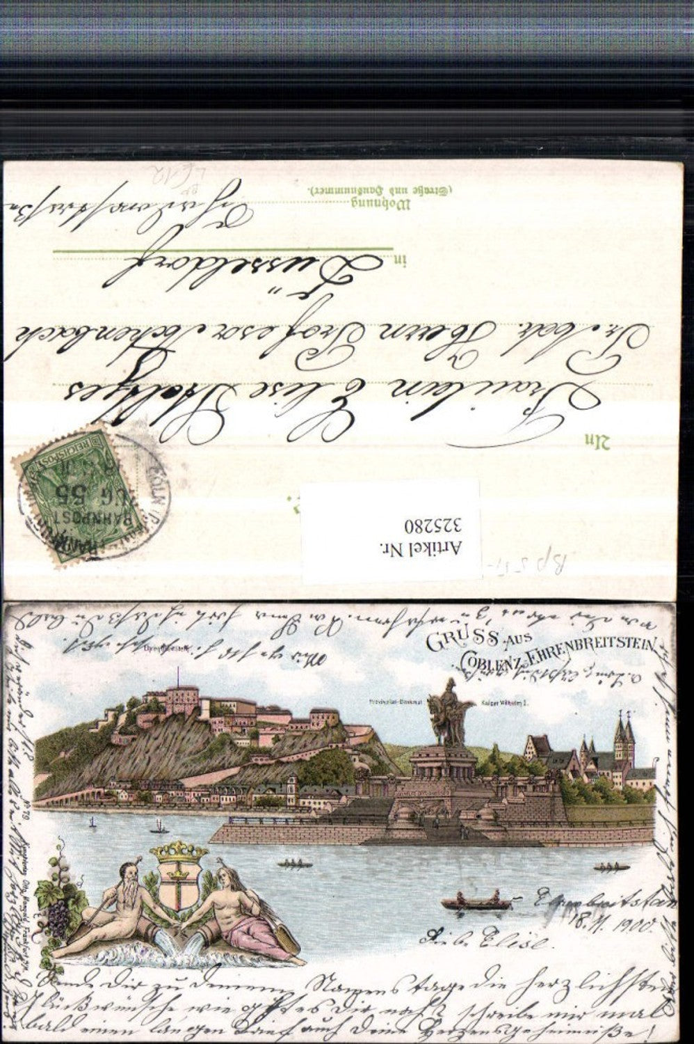 325280,Litho Gruß aus Koblenz Ehrenbreitstein Denkmal Kaiser Wilhelm Bahnpost Zug 55