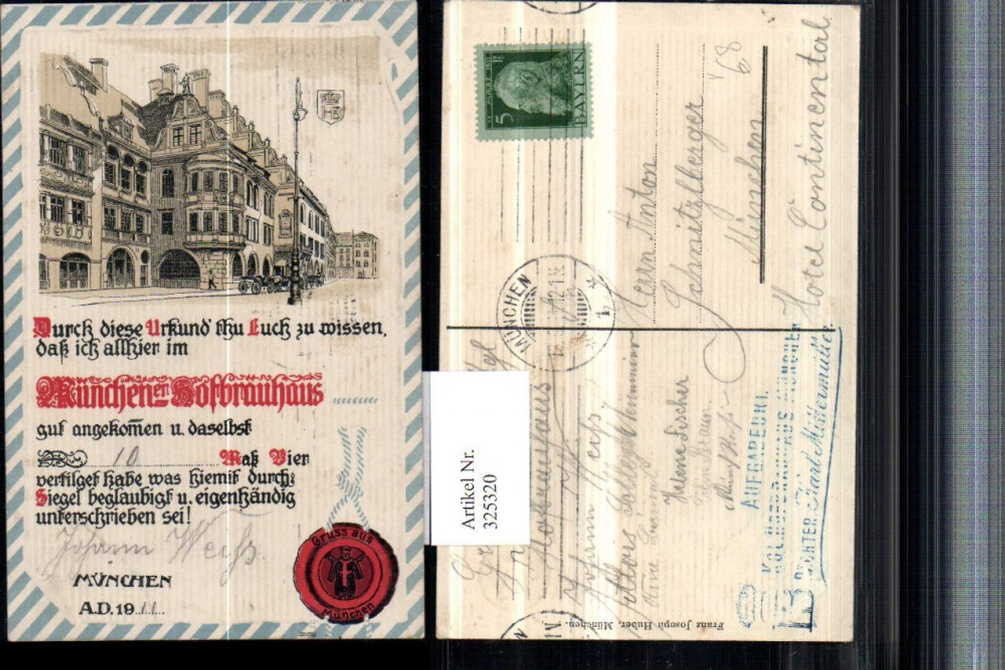 325320,Künstler AK München Hofbräuhaus Urkunde Siegel pub Franz Joseph Huber