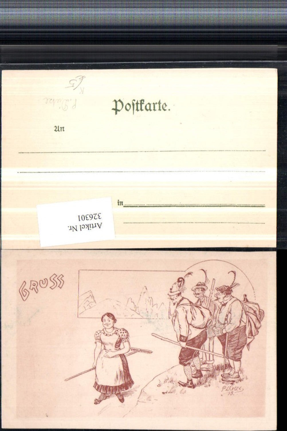 326301,Künstler AK P. Dietze Gruß Frau m. Kleid Rechen Männer Federhut Rucksack Bergkulisse