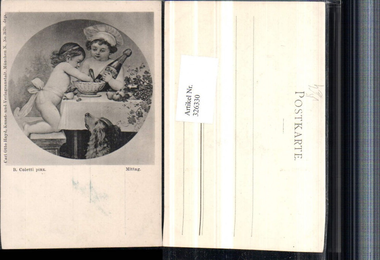 326330,Künstler AK B. Coletti Mittag nackte Kinder Koch Champagner Sekt Hund pub Carl O. Hayd 3070