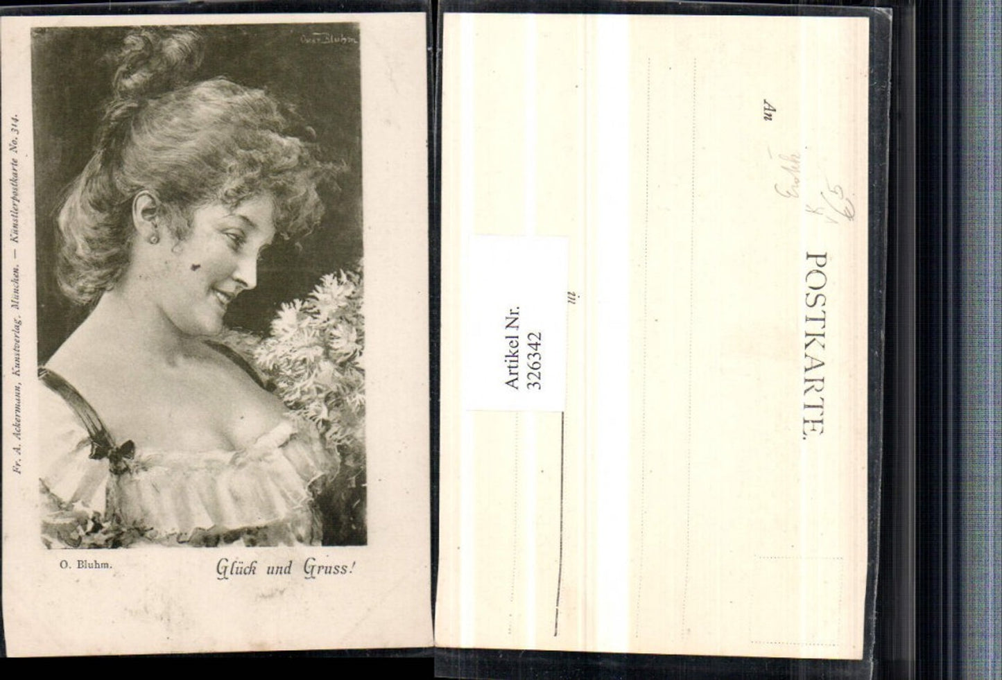 326342,Künstler AK O. Bluhm Erotik Frau Ausschnitt Portrait pub A. Ackermann 314