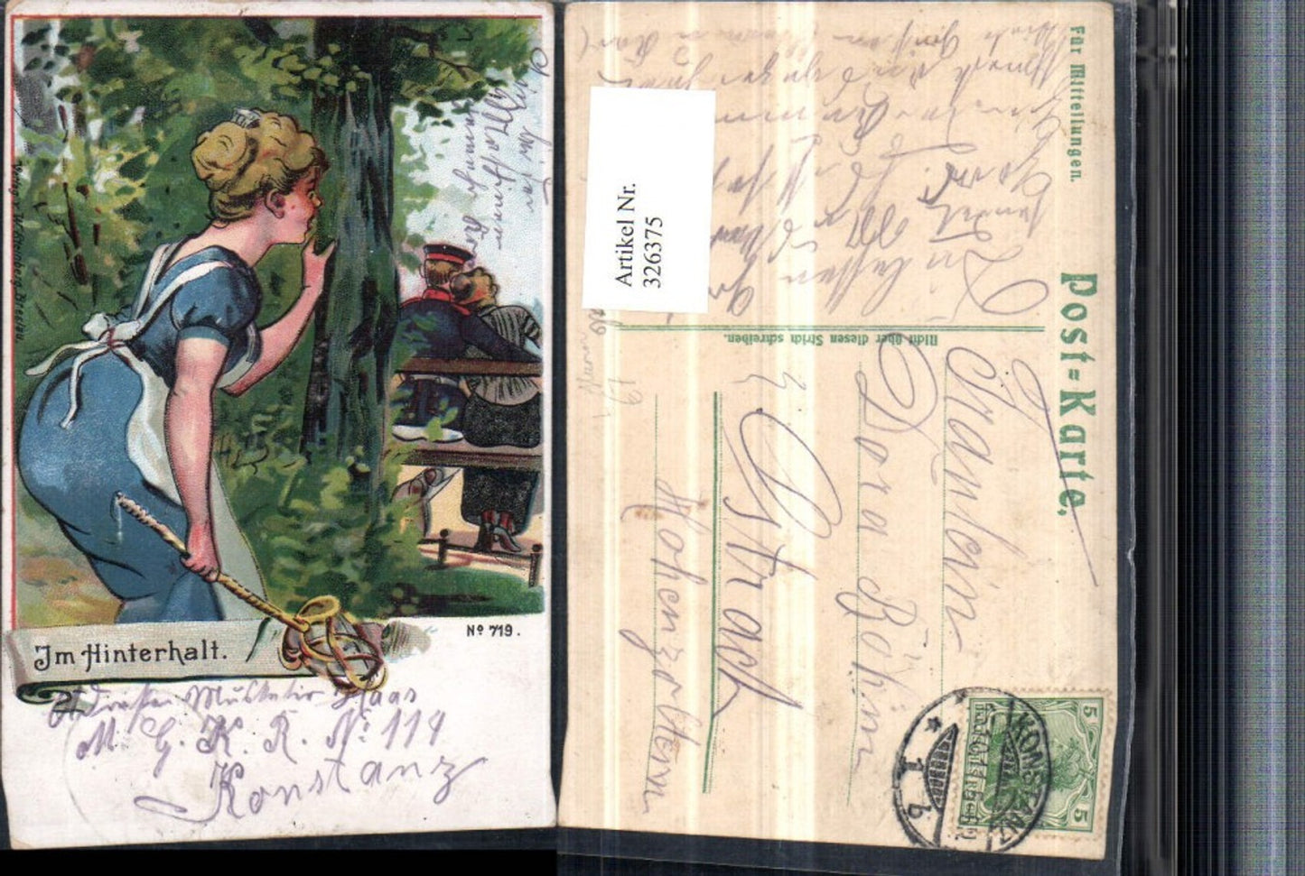 326375, Artist Lithograph Ambush Couple Woman with Carpet Beater Joke Humor