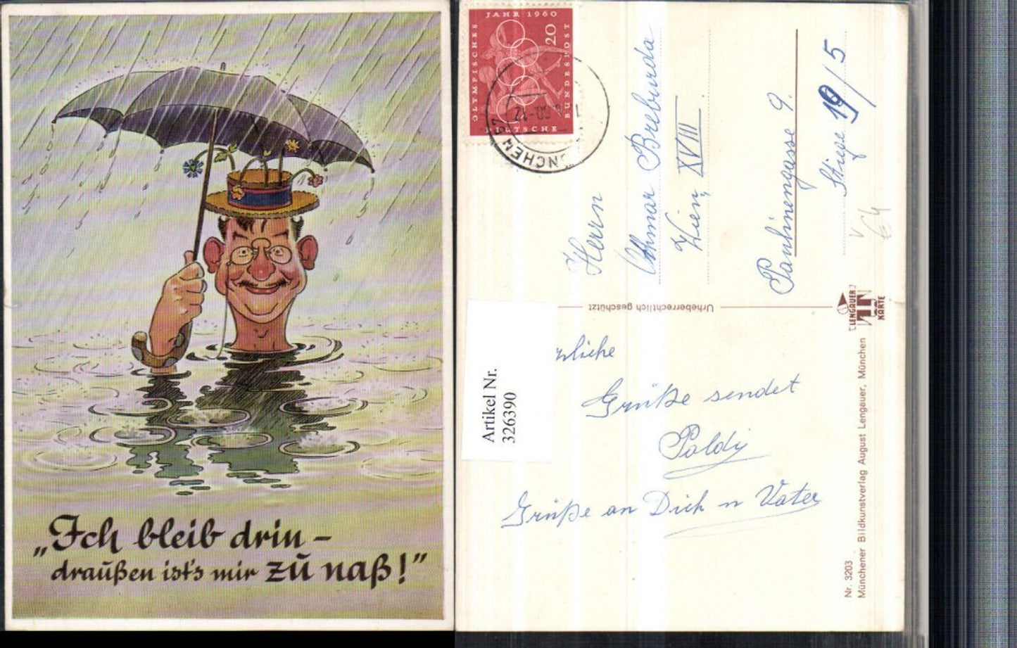 326390, Artist AK Joke Humor Man Hat Glasses Umbrella Rain Water Saying pub A. Lengauer 3203